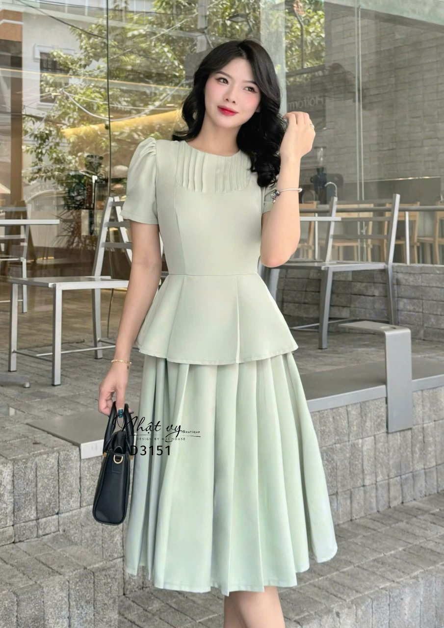 Đầm peplum cổ tròn tay nhún phồng - D3151