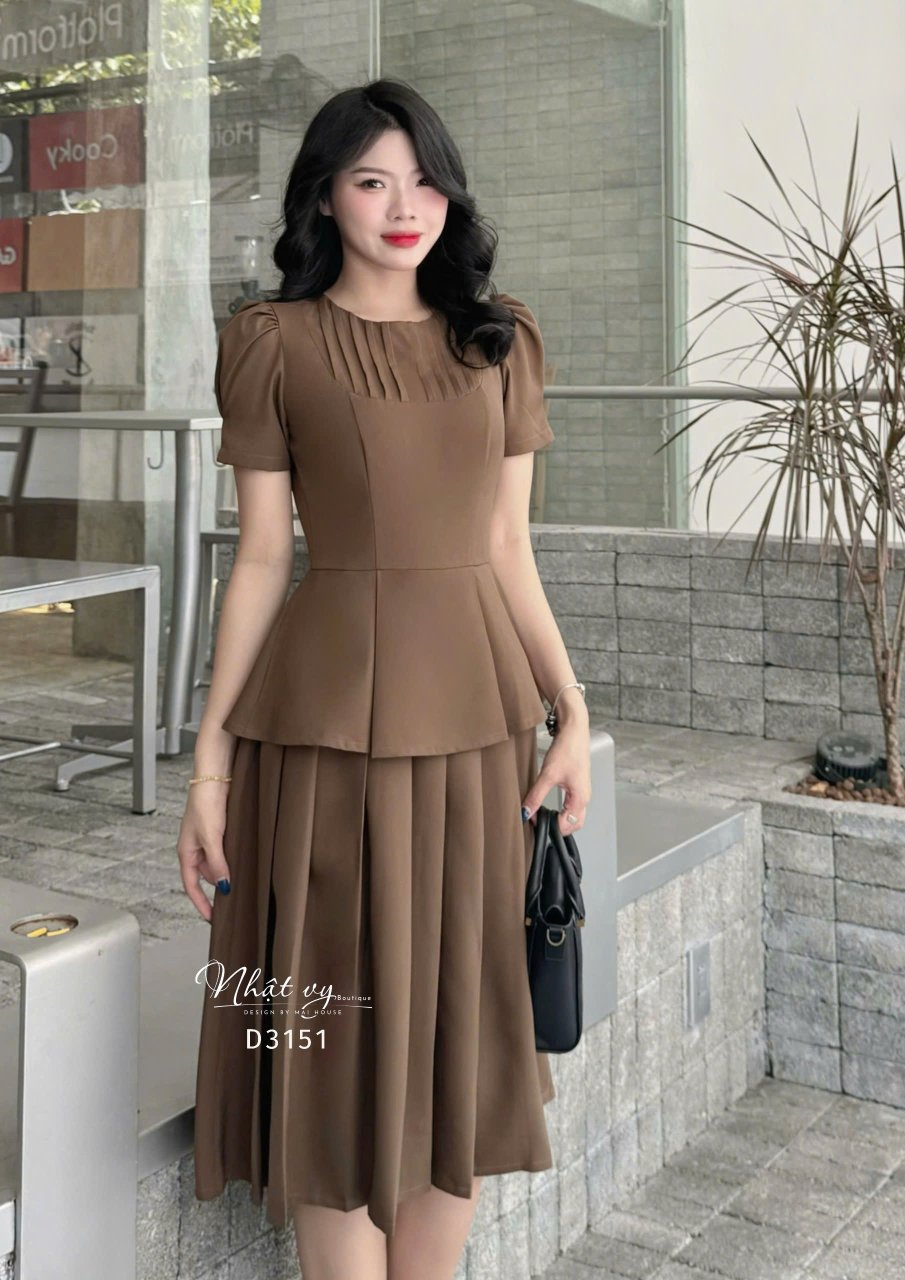 Đầm peplum cổ tròn tay nhún phồng - D3151