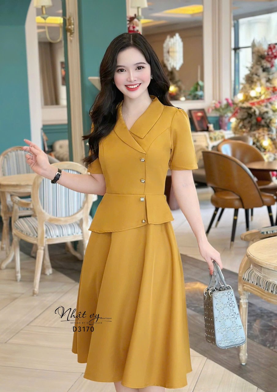 Đầm peplum cổ vest đính nút kiểu form dáng xoè - D3170