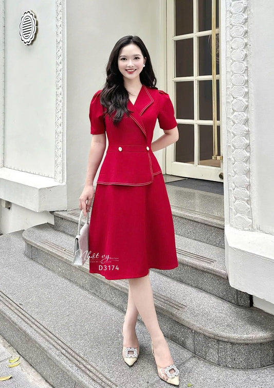 Đầm peplum viền chỉ đính nút kiểu form dáng xoè - D3174