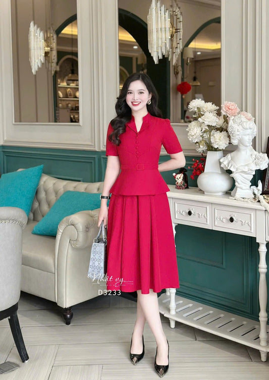 Đầm peplum cổ tàu cách điệu đính cúc bọc - D3233