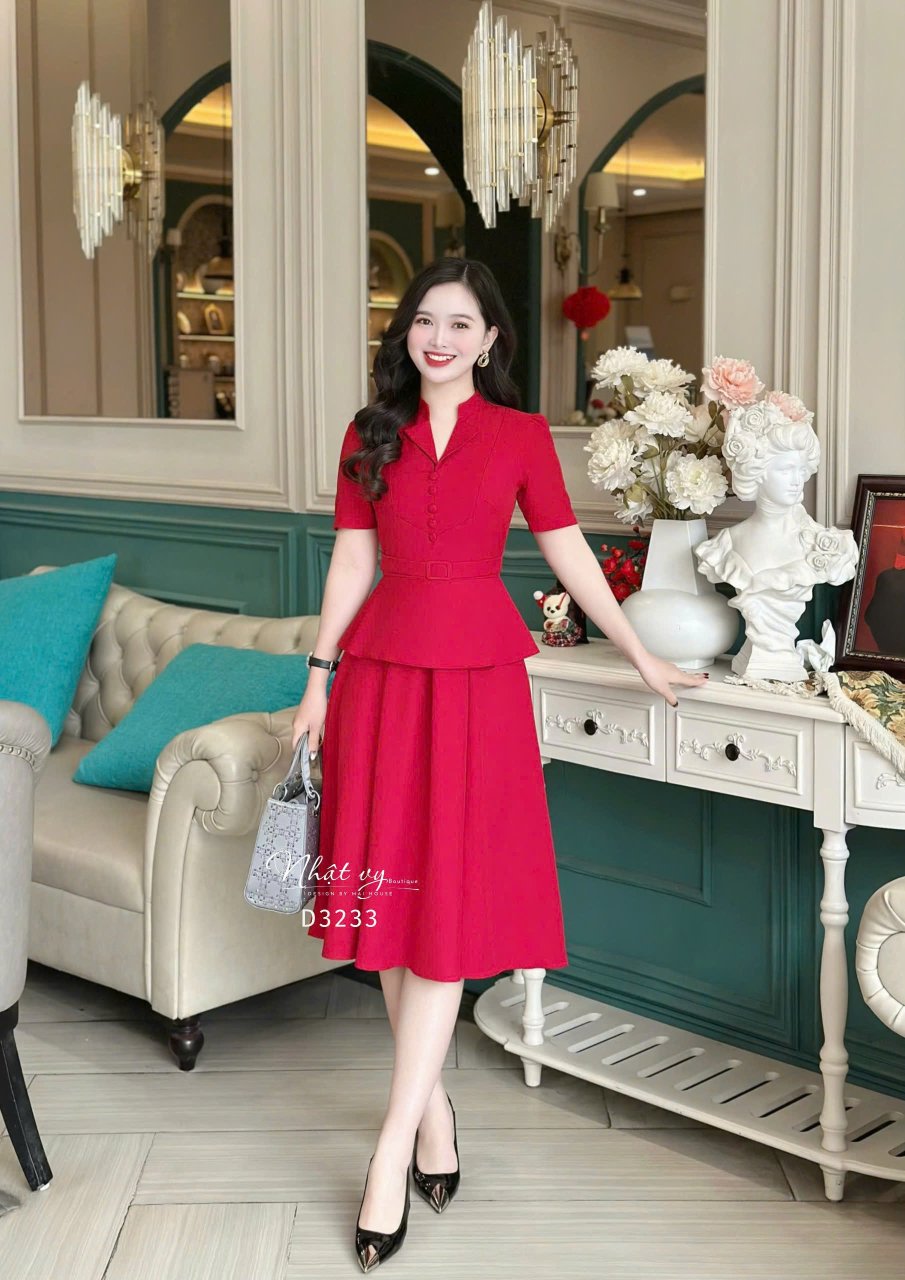 Đầm peplum cổ tàu cách điệu đính cúc bọc - D3233