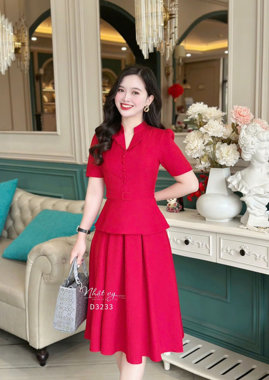 Đầm peplum cổ tàu cách điệu đính cúc bọc - D3233