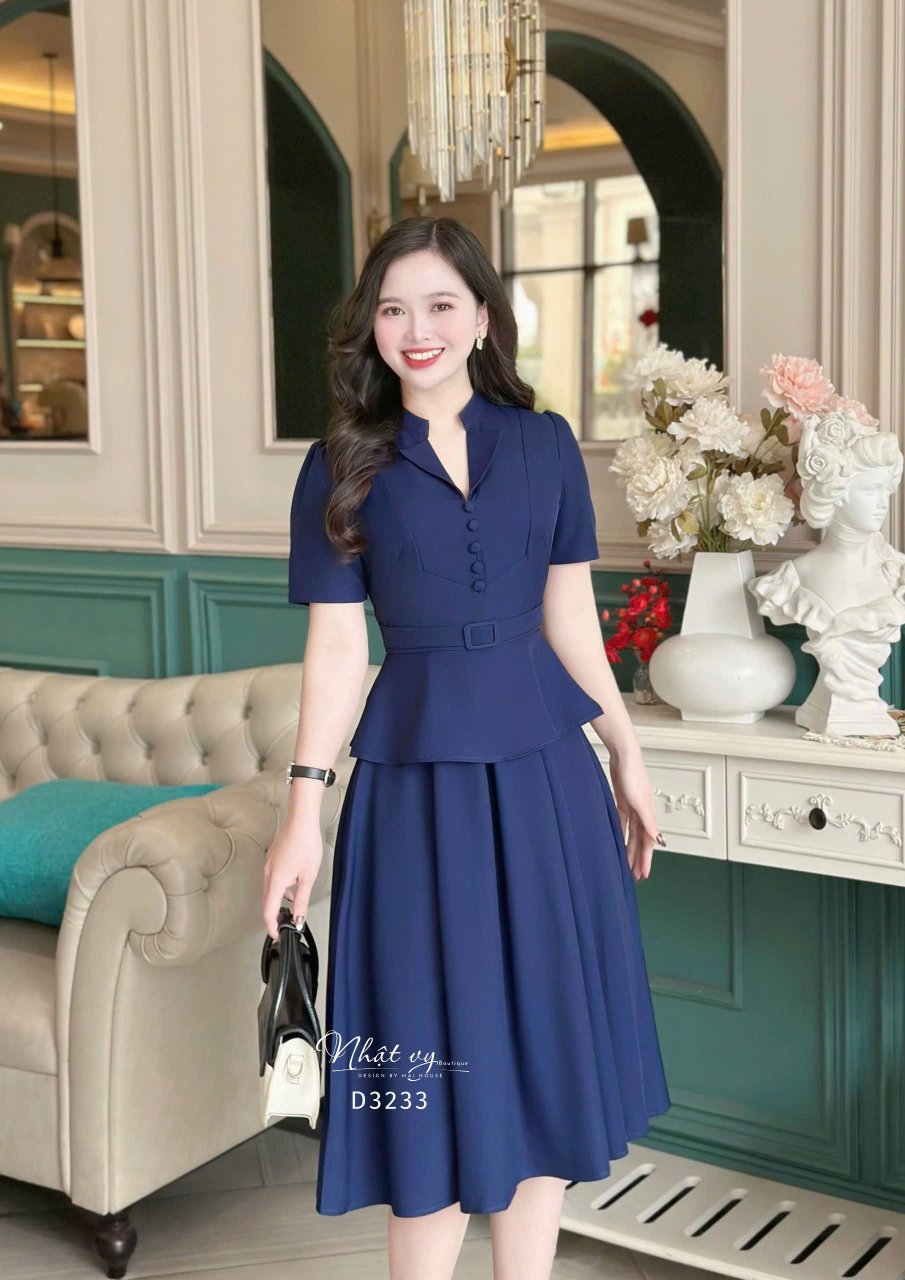 Đầm peplum cổ tàu cách điệu đính cúc bọc - D3233