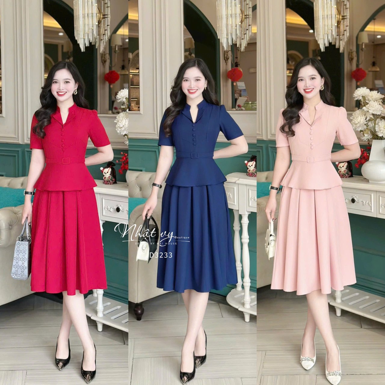 Đầm peplum cổ tàu cách điệu đính cúc bọc - D3233