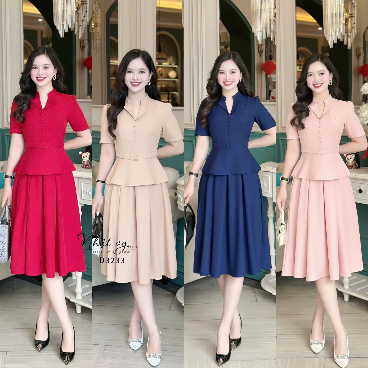 Đầm peplum cổ tàu cách điệu đính cúc bọc - D3233