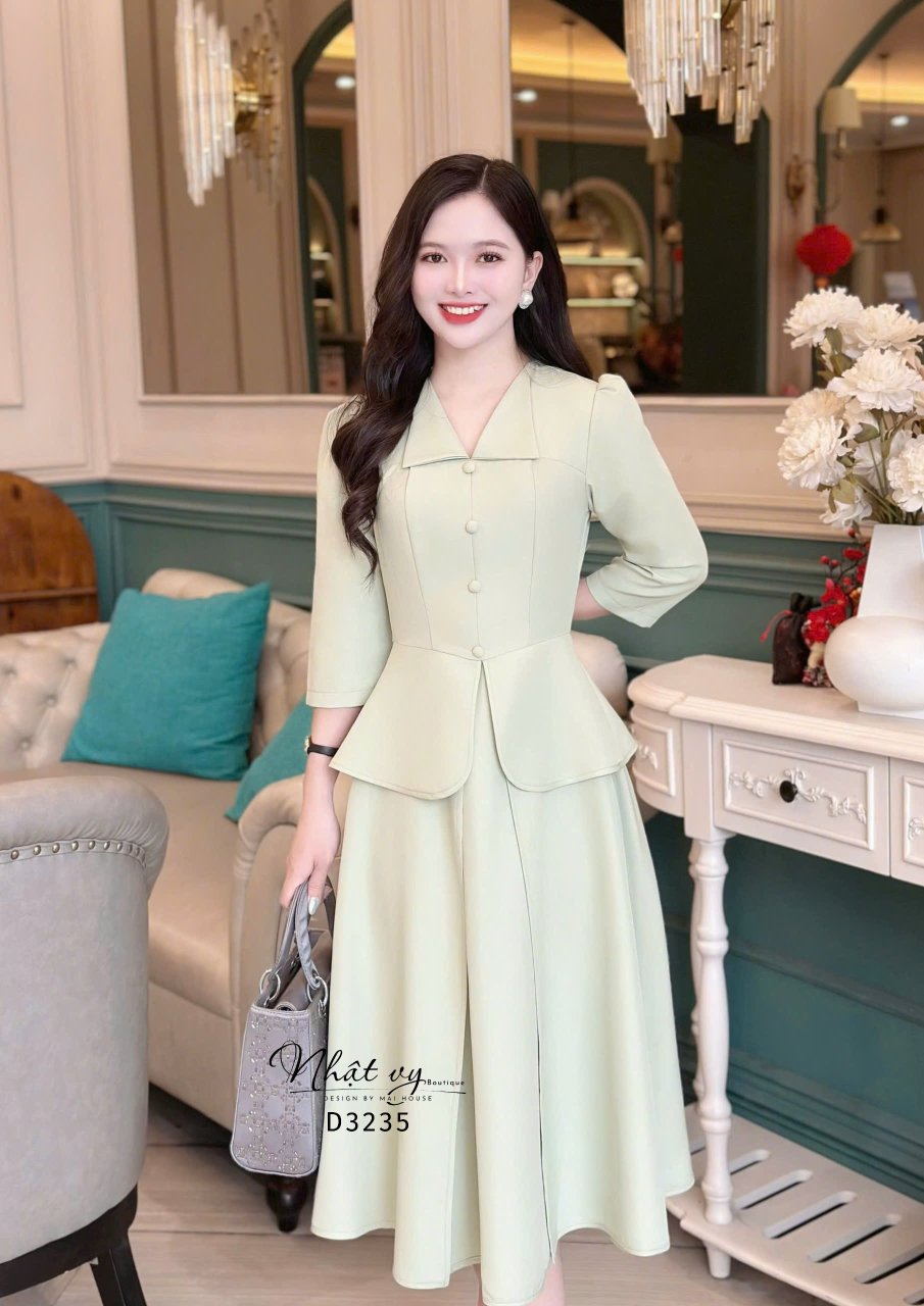 Đầm peplum cổ V bèo đính nút bọc  - D3235