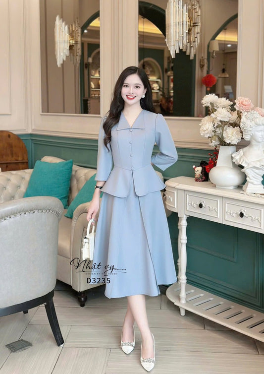 Đầm peplum cổ V bèo đính nút bọc  - D3235