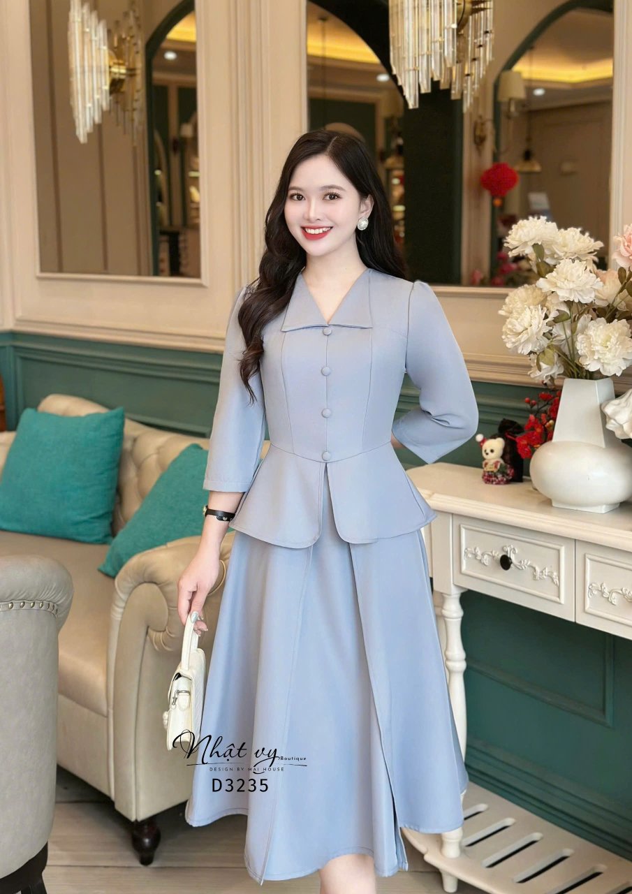 Đầm peplum cổ V bèo đính nút bọc  - D3235