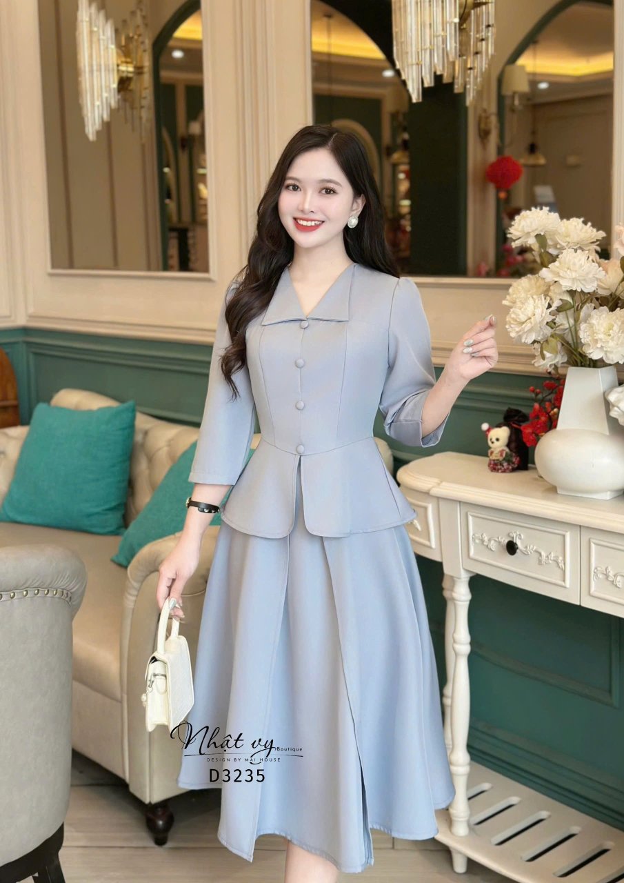 Đầm peplum cổ V bèo đính nút bọc  - D3235