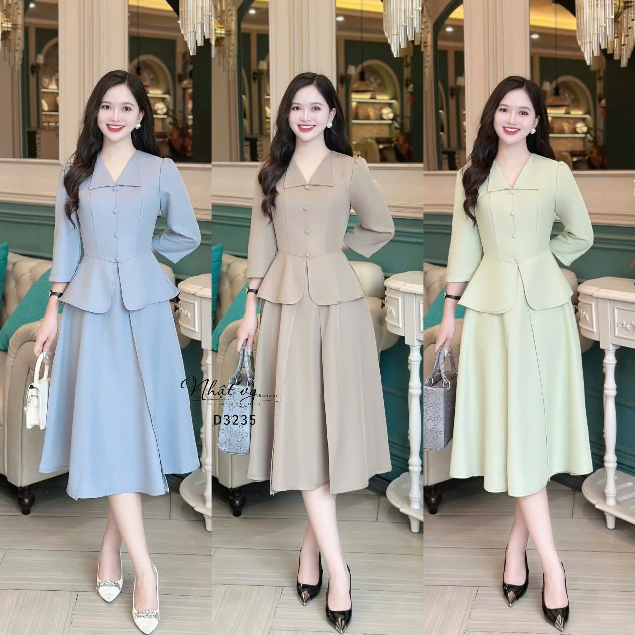 Đầm peplum cổ V bèo đính nút bọc  - D3235