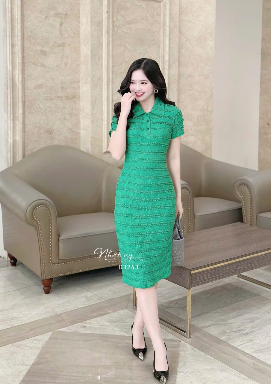 Đầm thun dáng ôm cổ sơ mi - D3243