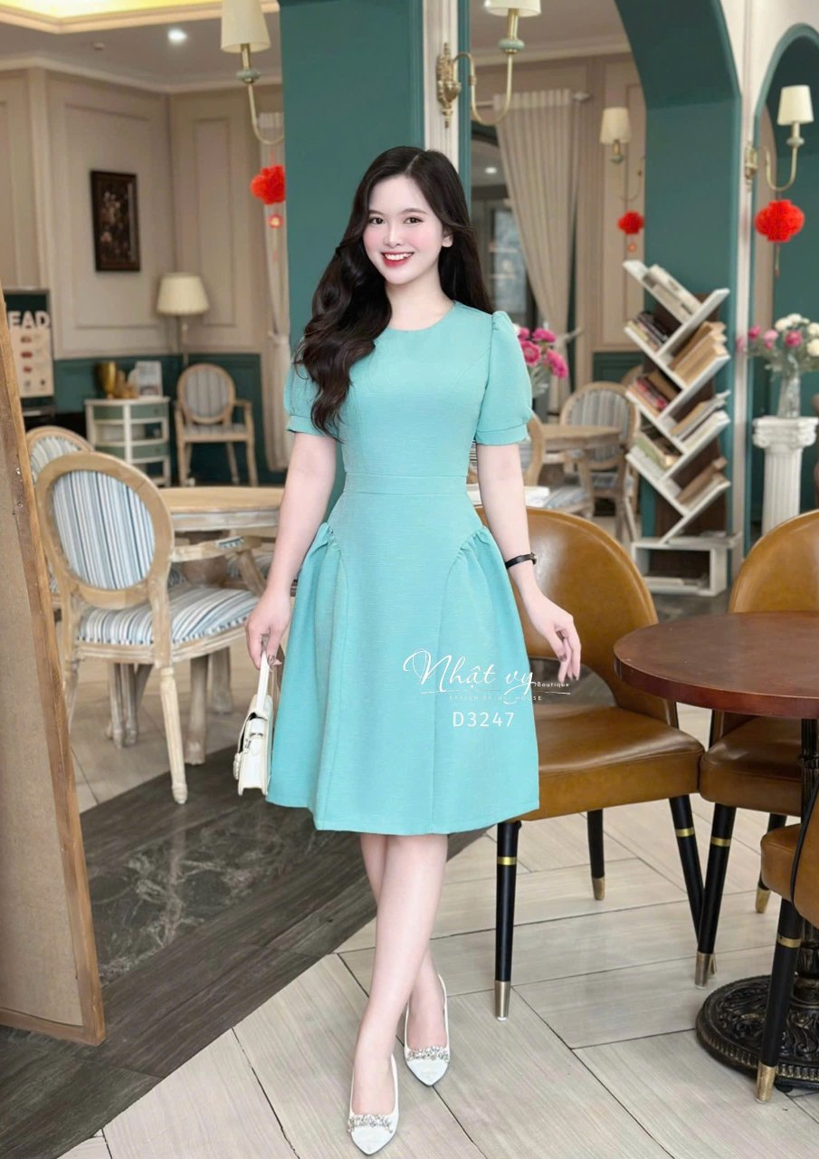 Đầm cổ tròn tay nhún phồng form dáng xoè - D3247