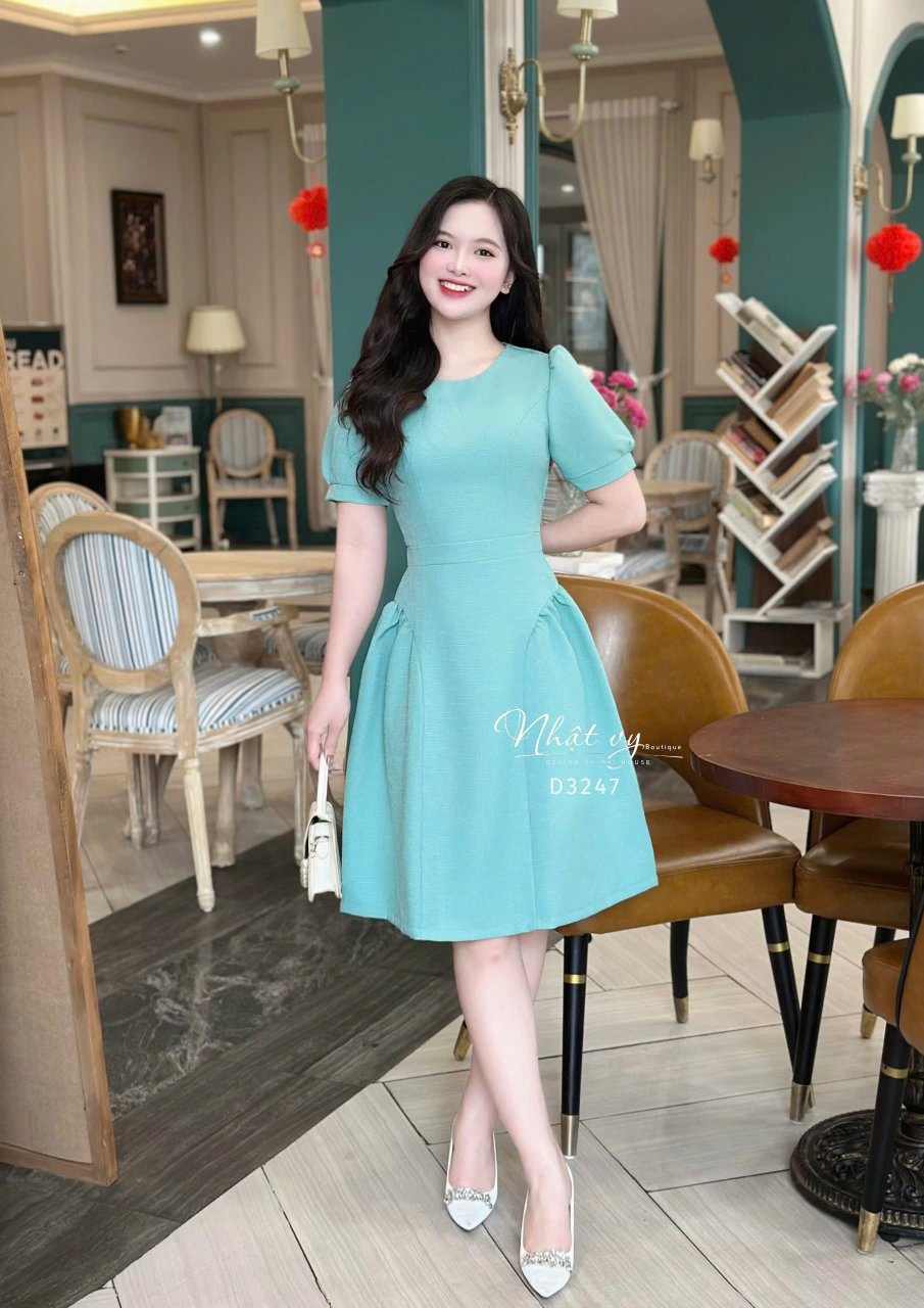 Đầm cổ tròn tay nhún phồng form dáng xoè - D3247