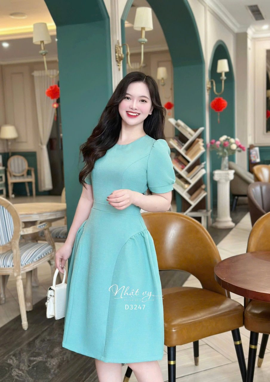 Đầm cổ tròn tay nhún phồng form dáng xoè - D3247